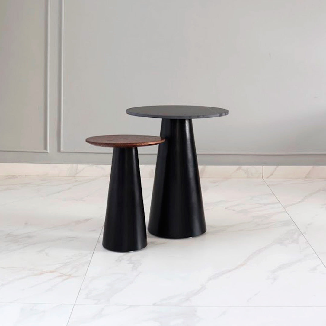 Side tables featuring both marble and wood tops, blending elegance with natural warmth for versatile functionality and style. The marble top exudes sophistication, while the wood top adds a touch of organic charm, making these side tables perfect accents for any modern living space.