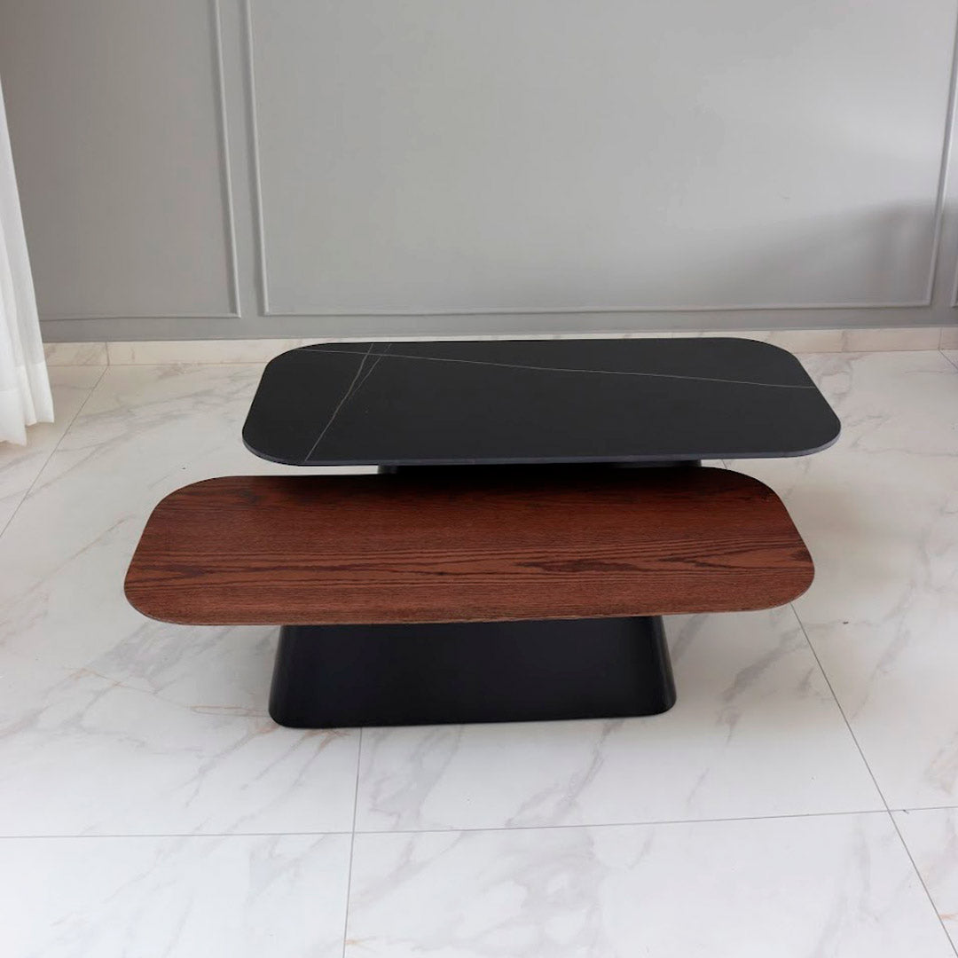 Coffee tables featuring both marble and wood tops, offering a stylish combination of materials for modern living spaces. The marble top adds elegance and sophistication, while the wood top brings warmth and natural texture, creating a versatile and visually appealing centerpiece for any room.