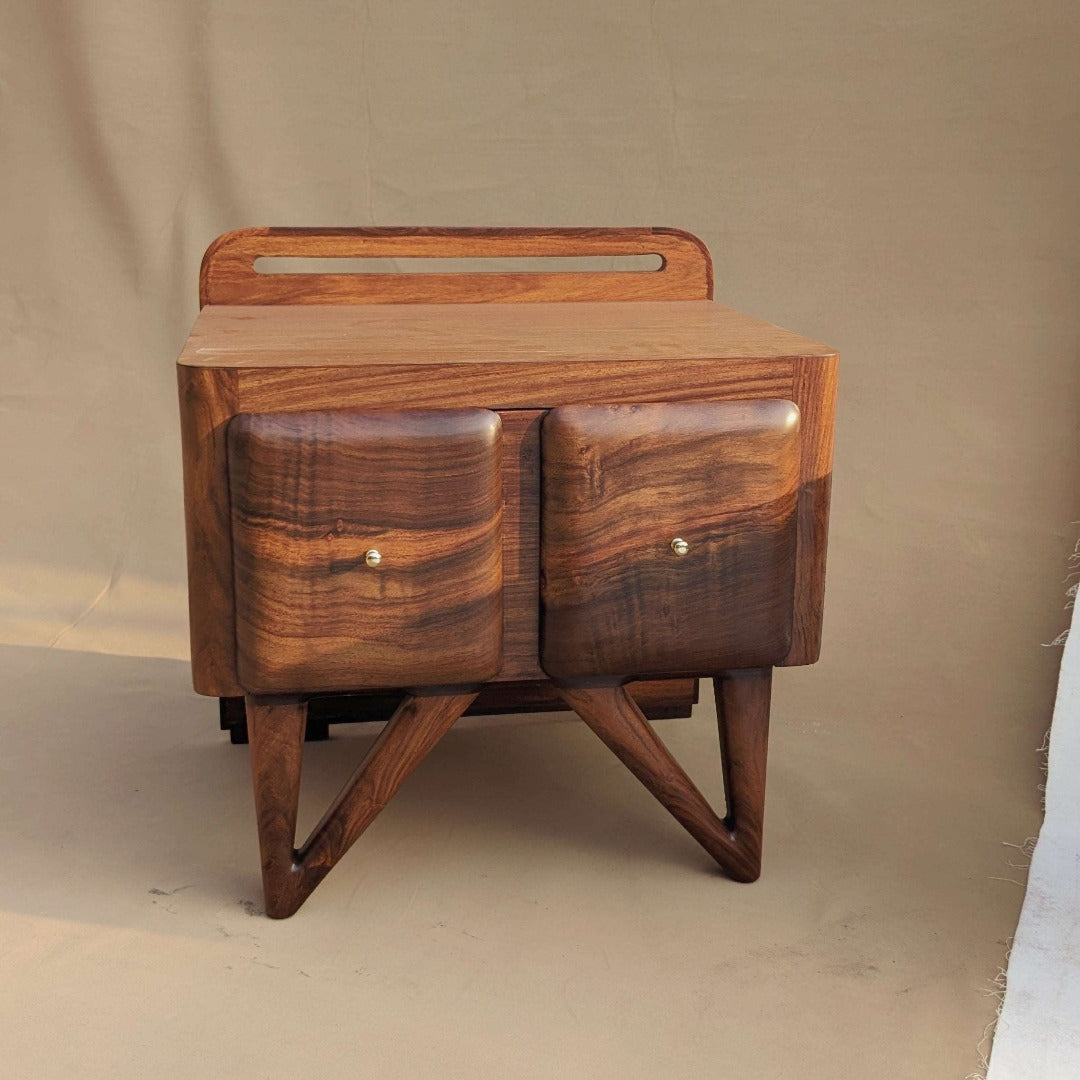 Mid-century nightstands crafted from Indian rosewood veneer and solid Indian rosewood, accented with brass handles for a touch of elegance.